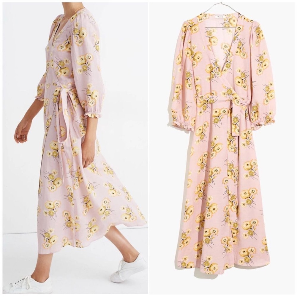 Madewell Pink Floral Wrap Midi Dress